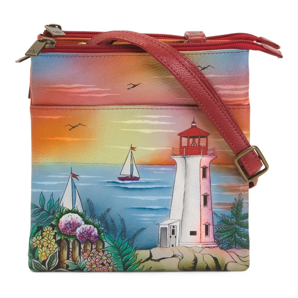 NWT ANUSCHKA Leather Hand Painted Triple Compartment Crossbody Lighthouse Purse